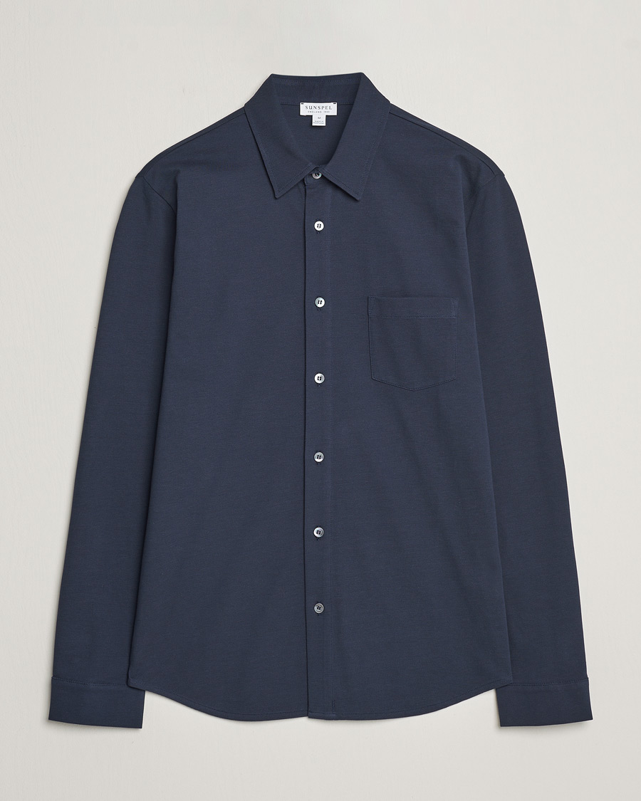 Men | Shirts | Sunspel | Long Sleeve Button Down Pique Shirt Navy