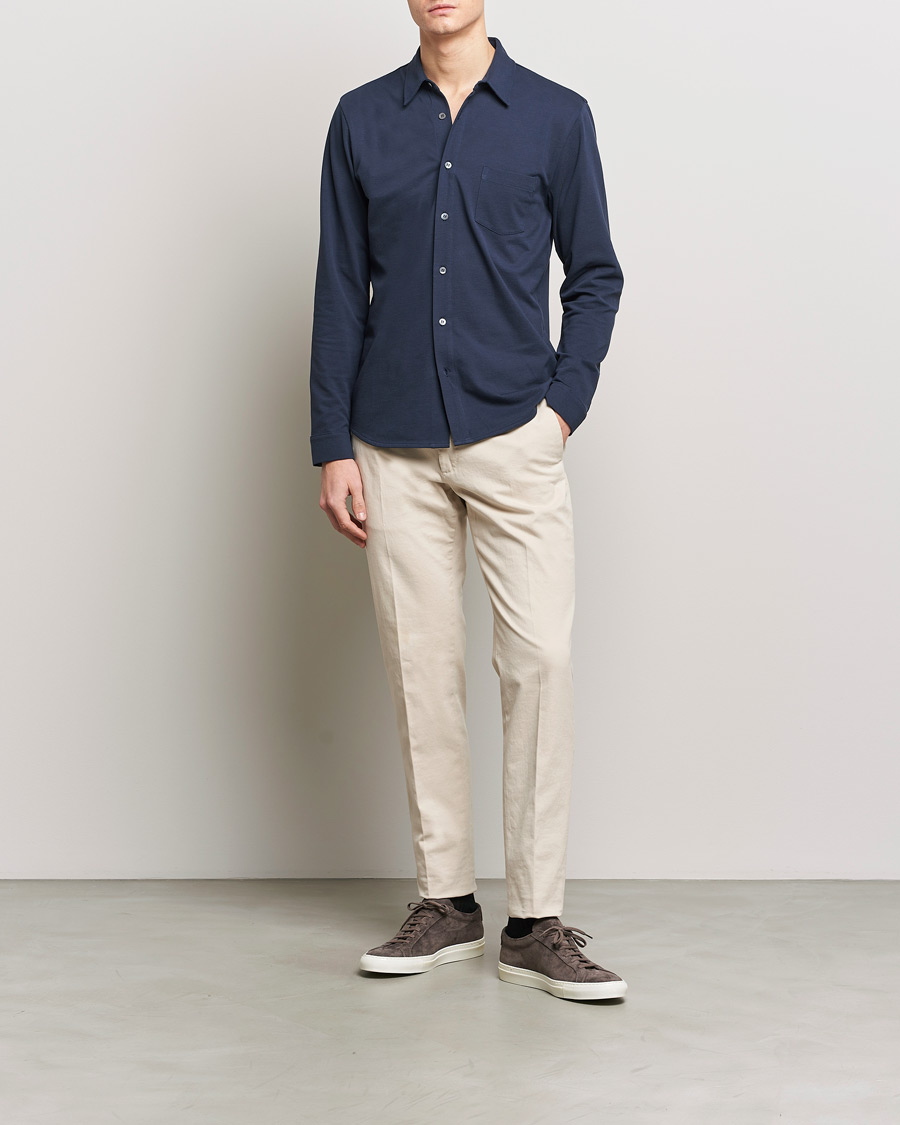 Men | Shirts | Sunspel | Long Sleeve Button Down Pique Shirt Navy