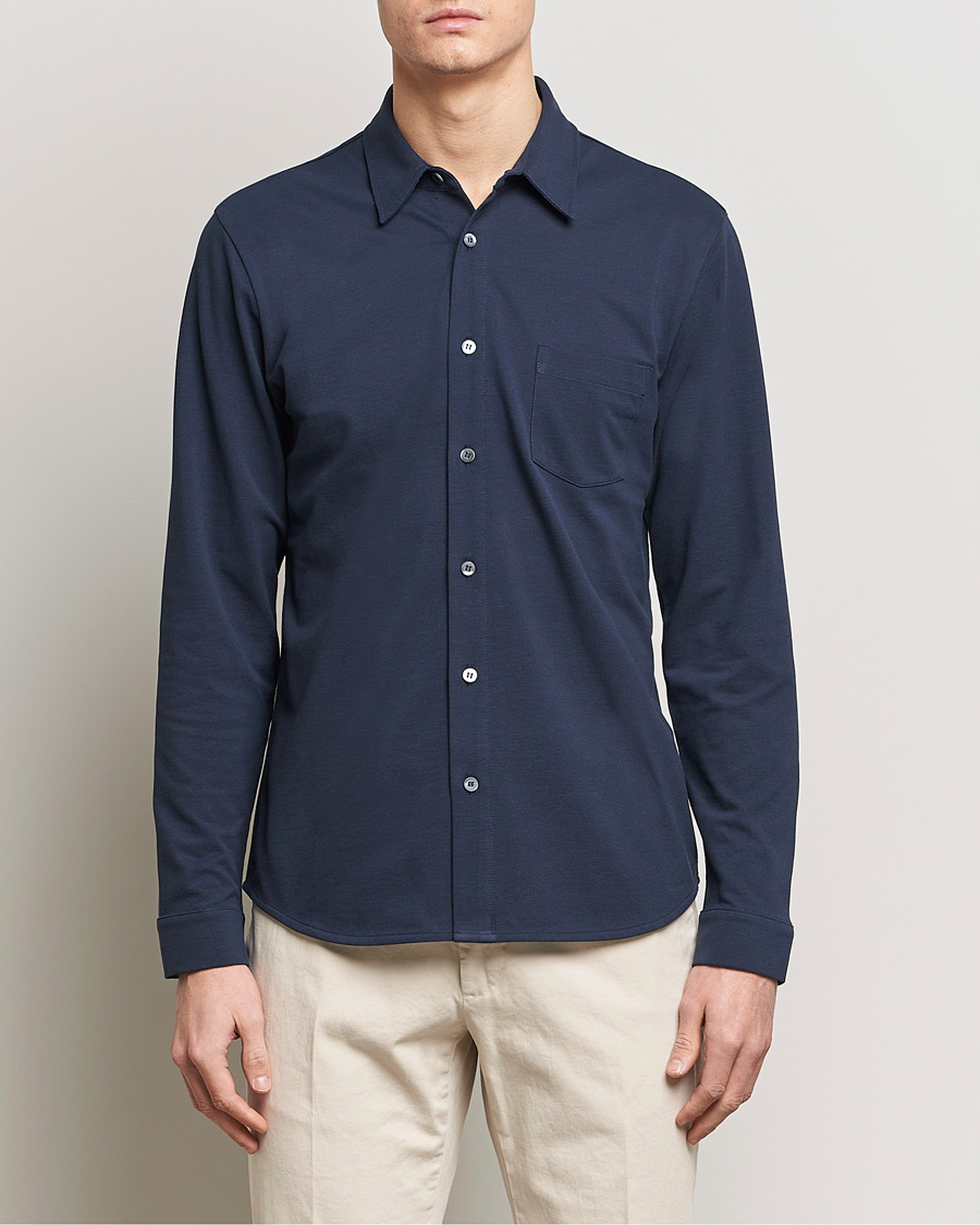 Men |  | Sunspel | Long Sleeve Pique Shirt Navy