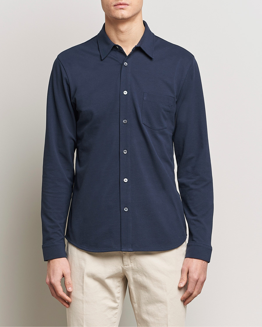 Men | Shirts | Sunspel | Long Sleeve Button Down Pique Shirt Navy