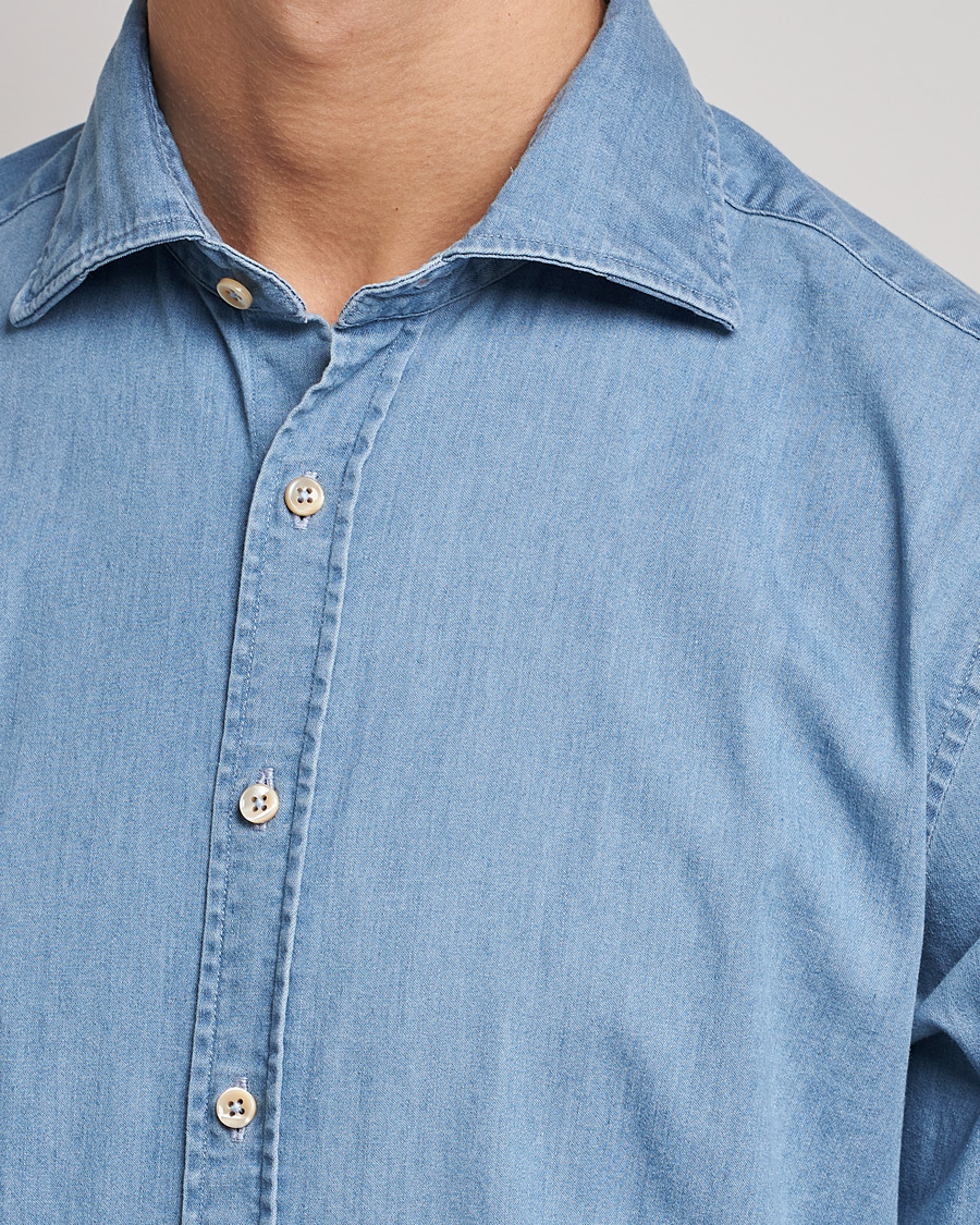 Men | Shirts | Stenströms | Fitted Body Garment Washed Shirt Light Denim