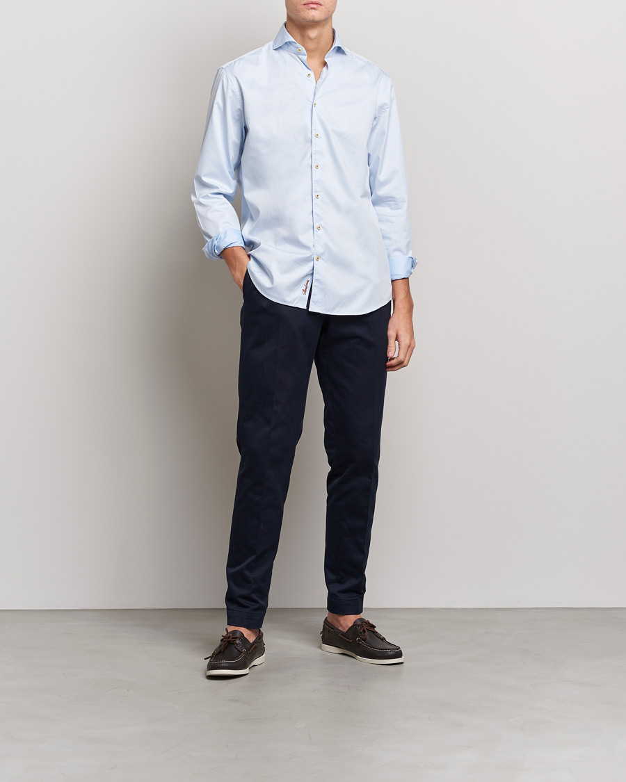 Men | Shirts | Stenströms | Fitted Body Washed Cotton Plain Shirt Light Blue