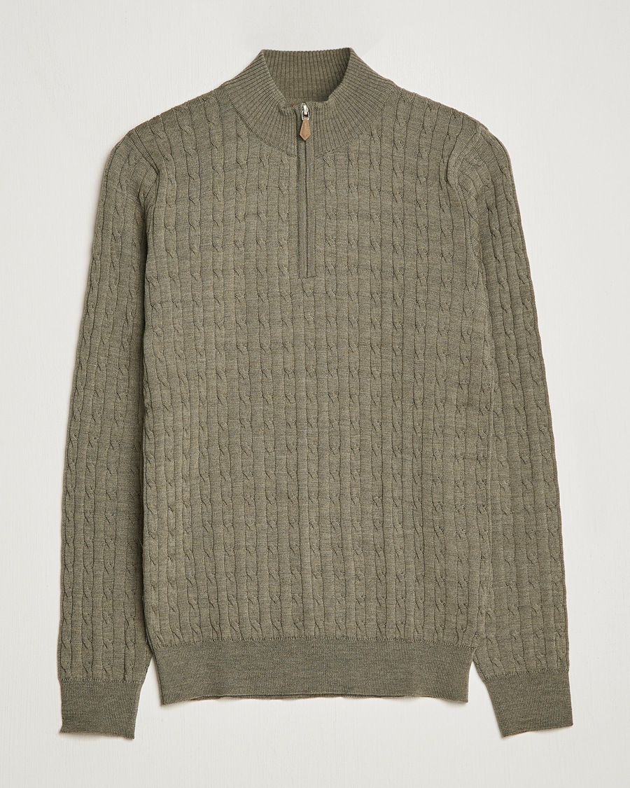 Men | Sweaters & Knitwear | Stenströms | Merino Wool Cable Half Zip Olive