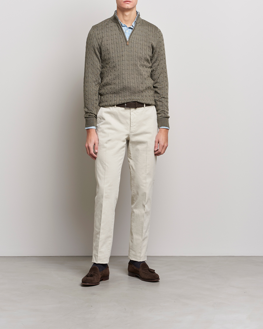 Men | Sweaters & Knitwear | Stenströms | Merino Wool Cable Half Zip Olive