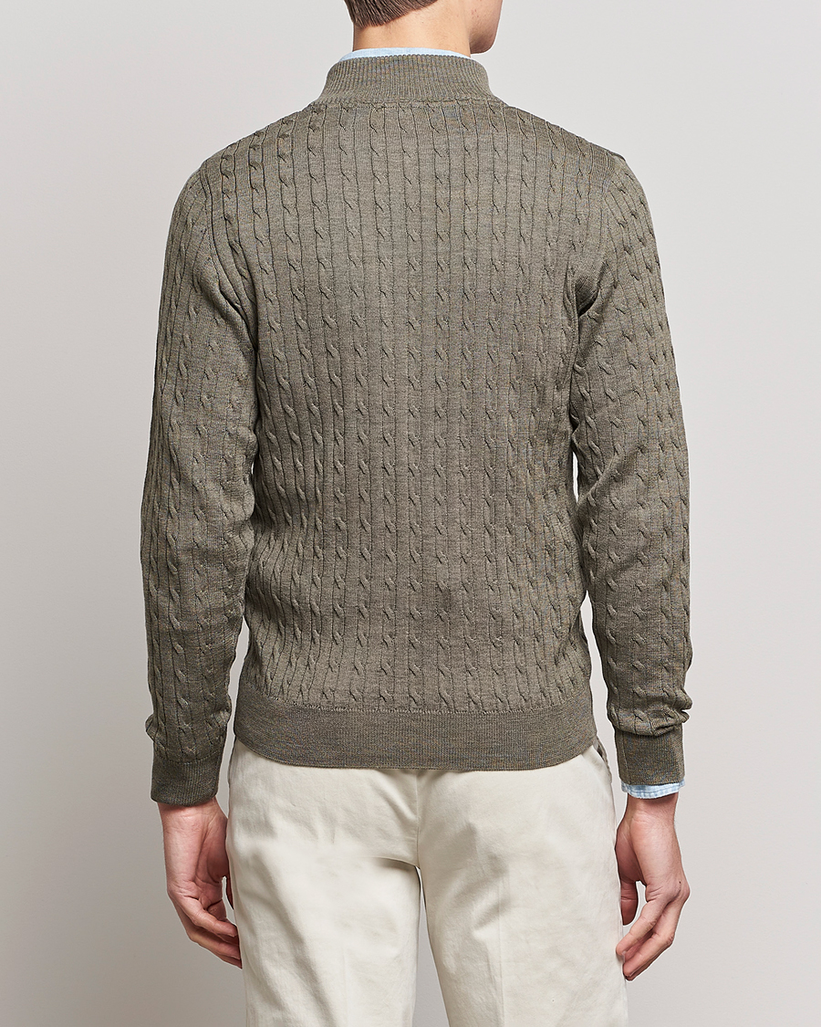 Men | Sweaters & Knitwear | Stenströms | Merino Wool Cable Half Zip Olive