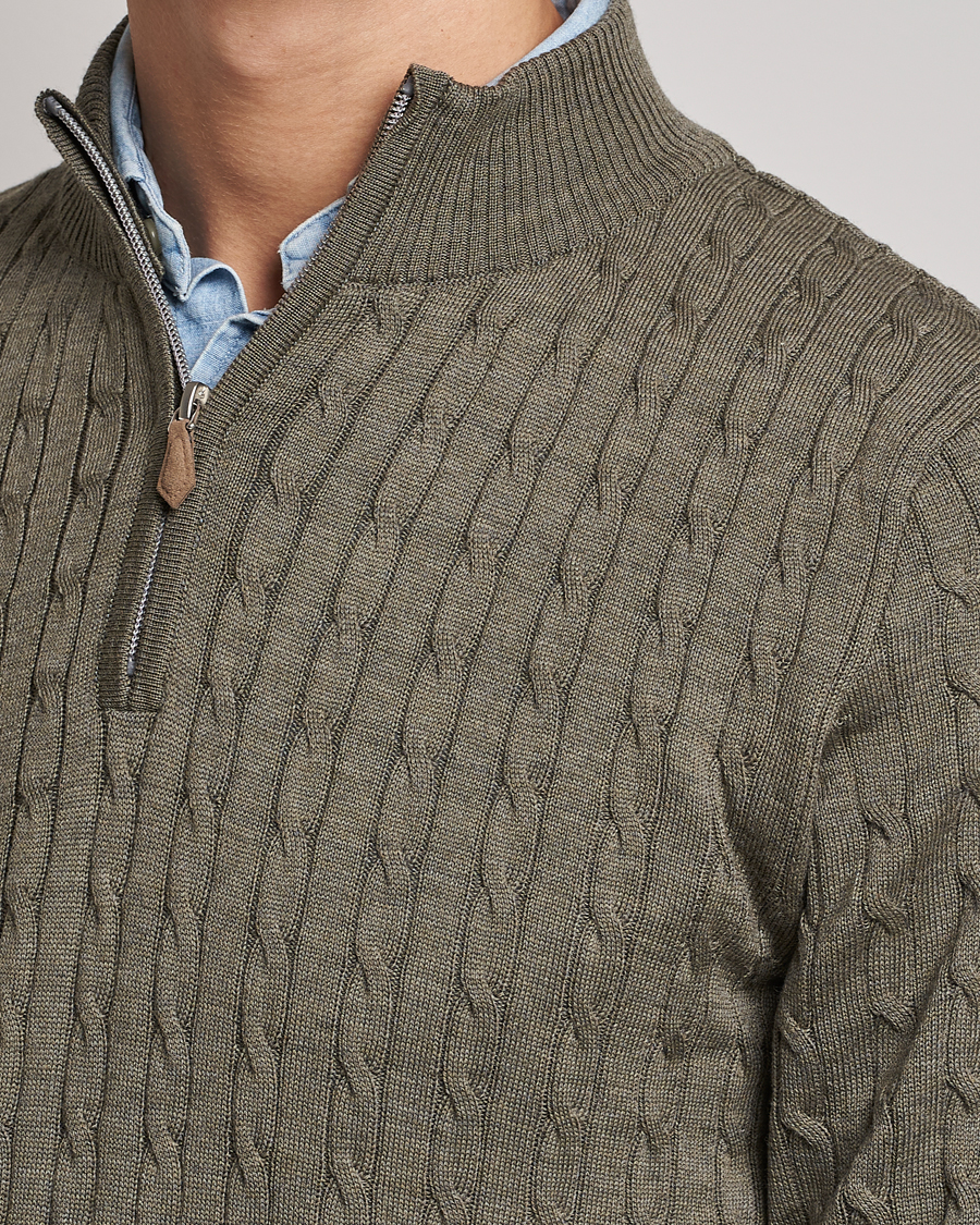 Men | Sweaters & Knitwear | Stenströms | Merino Wool Cable Half Zip Olive
