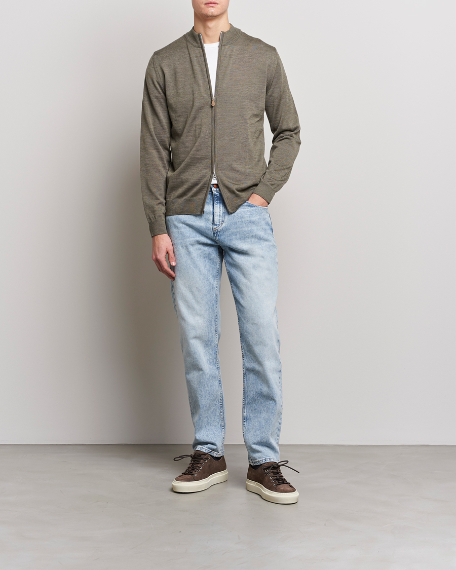 Men | Sweaters & Knitwear | Stenströms | Merino Wool Full Zip Olive