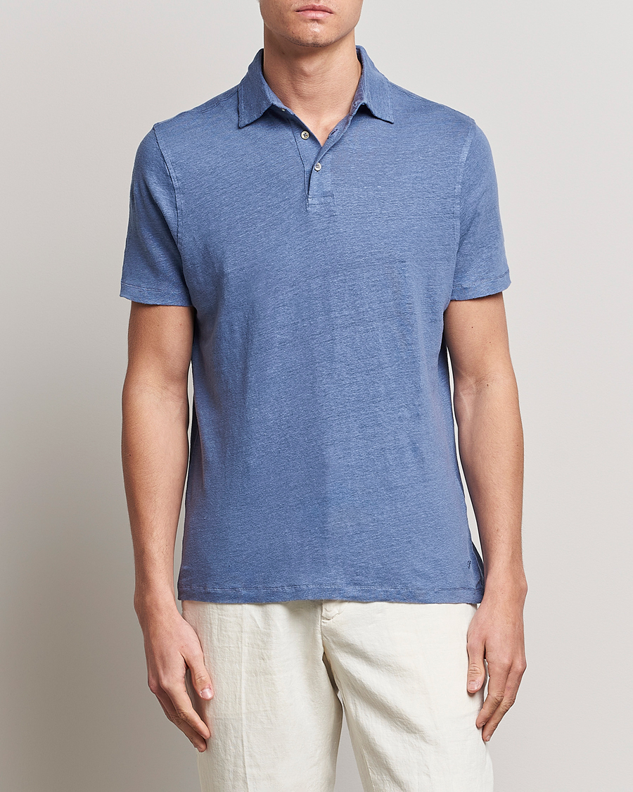 Men | Stenströms | Stenströms | Linen Polo Shirt Mid Blue