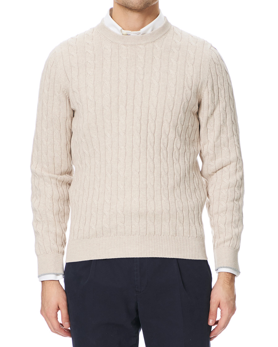 Men |  | Brunello Cucinelli | Crew Neck Cotton Cable Sweater Beige