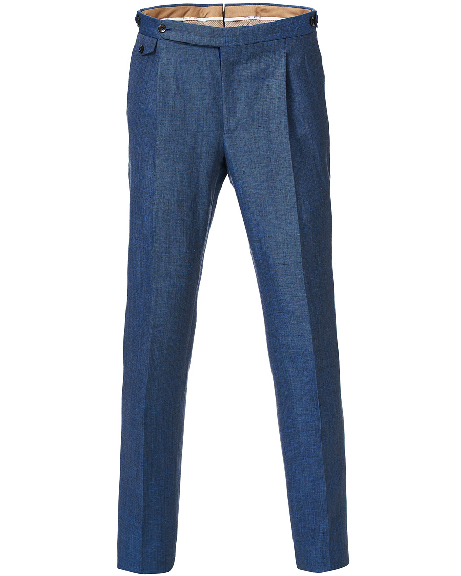 PT01 Slim Fit Pleated Linen Blend Trousers Dark Blue hos CareOfCarl.com