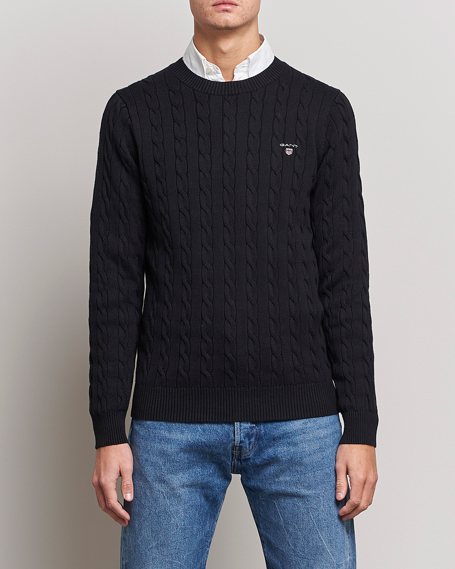 Men | Knitted Jumpers | GANT | Cotton Cable Crew Neck Pullover Black