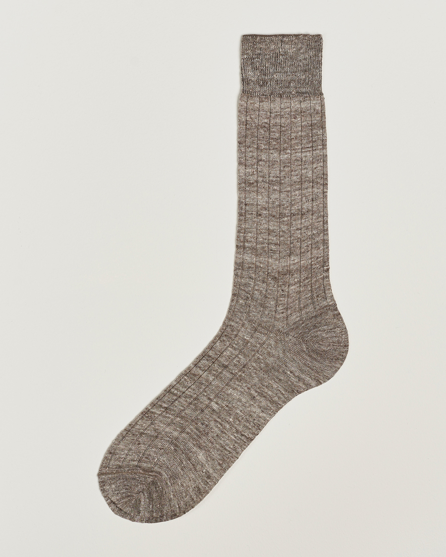 Men |  | Bresciani | Linen Ribbed Short Socks Brown Melange