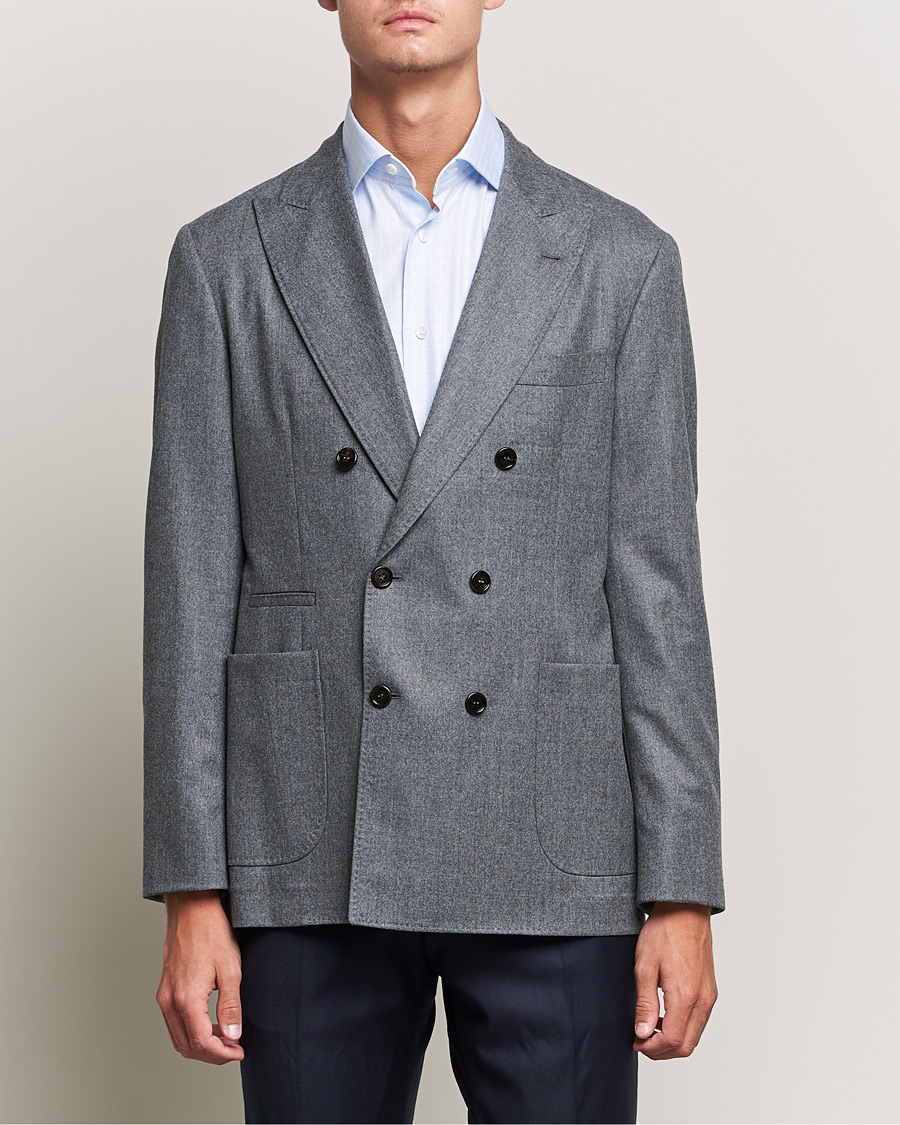 Men | Wool Blazers | Brunello Cucinelli | Double Breasted Flannel Blazer Grey Melange