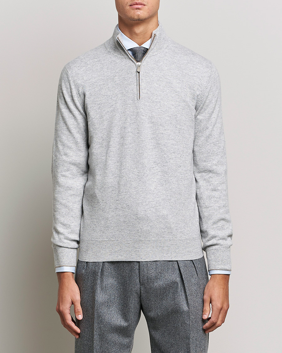 Brunello Cucinelli 2 Ply Cashmere Half Zip Light Grey at