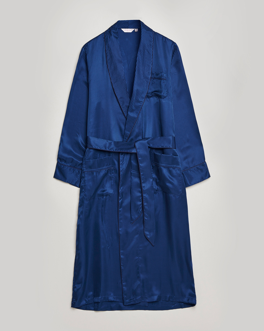 Men | Pyjamas & Robes | Derek Rose | Pure Silk Striped Dressing Gown Navy