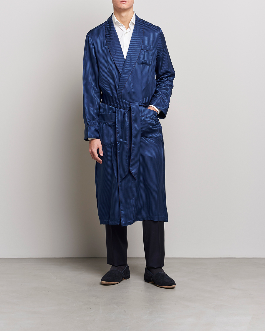 Men | Pyjamas & Robes | Derek Rose | Pure Silk Striped Dressing Gown Navy