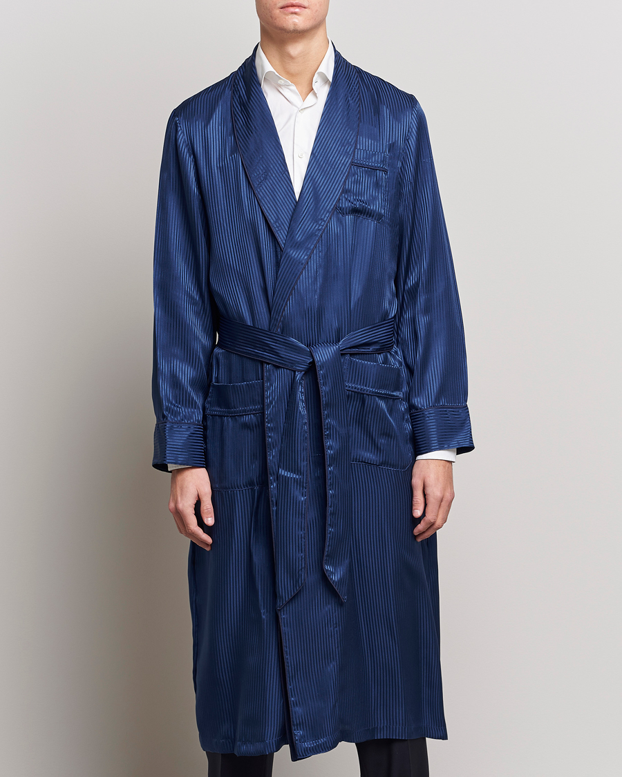 Men | Pyjamas & Robes | Derek Rose | Pure Silk Striped Dressing Gown Navy