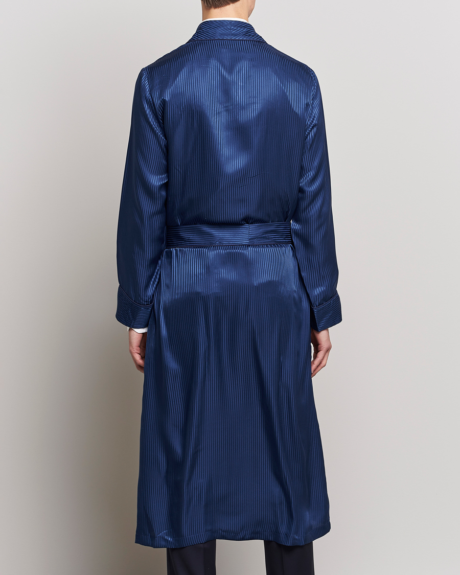 Men | Pyjamas & Robes | Derek Rose | Pure Silk Striped Dressing Gown Navy
