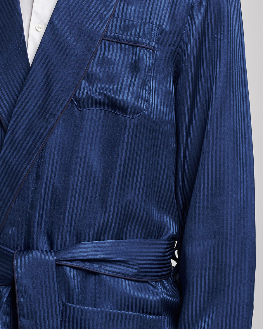 Men | Pyjamas & Robes | Derek Rose | Pure Silk Striped Dressing Gown Navy