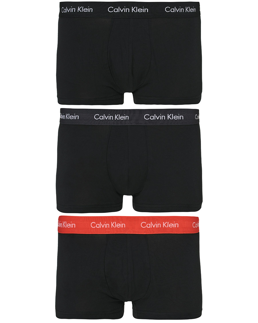 Men | Underwear & Socks | Calvin Klein | Cotton Stretch 3-Pack Low Rise Trunk Black/Coral/Grey
