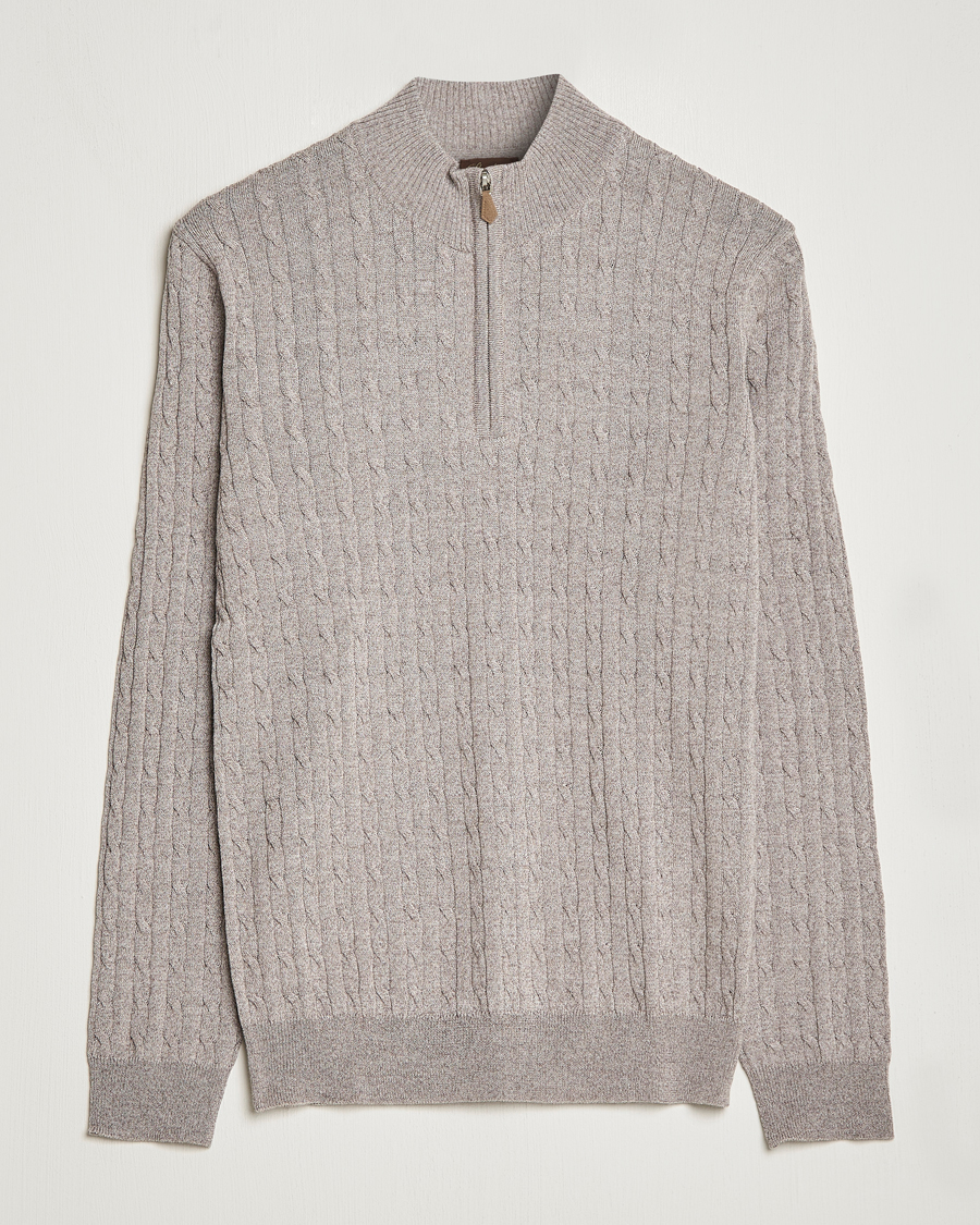 Men | Sweaters & Knitwear | Stenströms | Merino Wool Cable Half Zip Beige