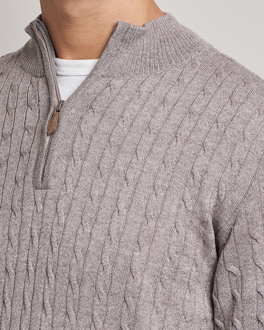 Men | Sweaters & Knitwear | Stenströms | Merino Wool Cable Half Zip Beige