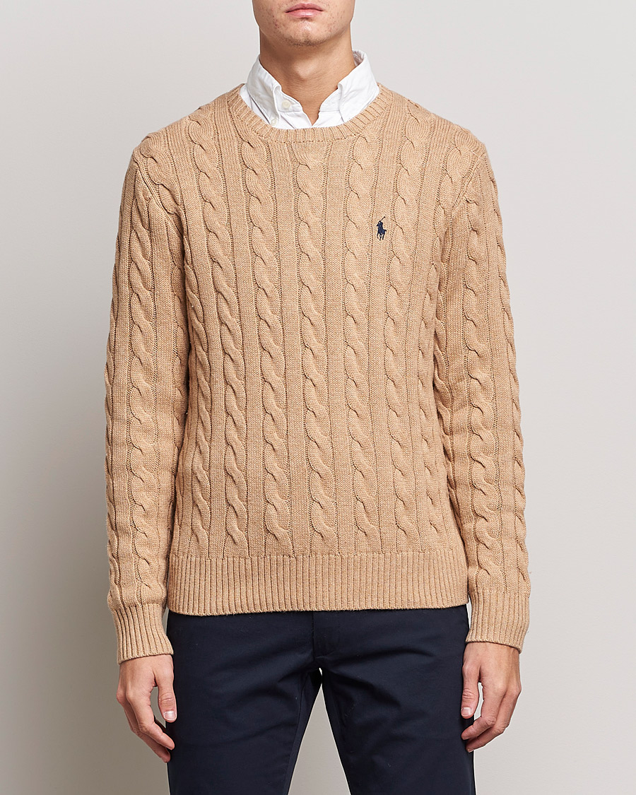 Men | Knitted Jumpers | Polo Ralph Lauren | Cotton Cable Crew Neck Pullover Camel
