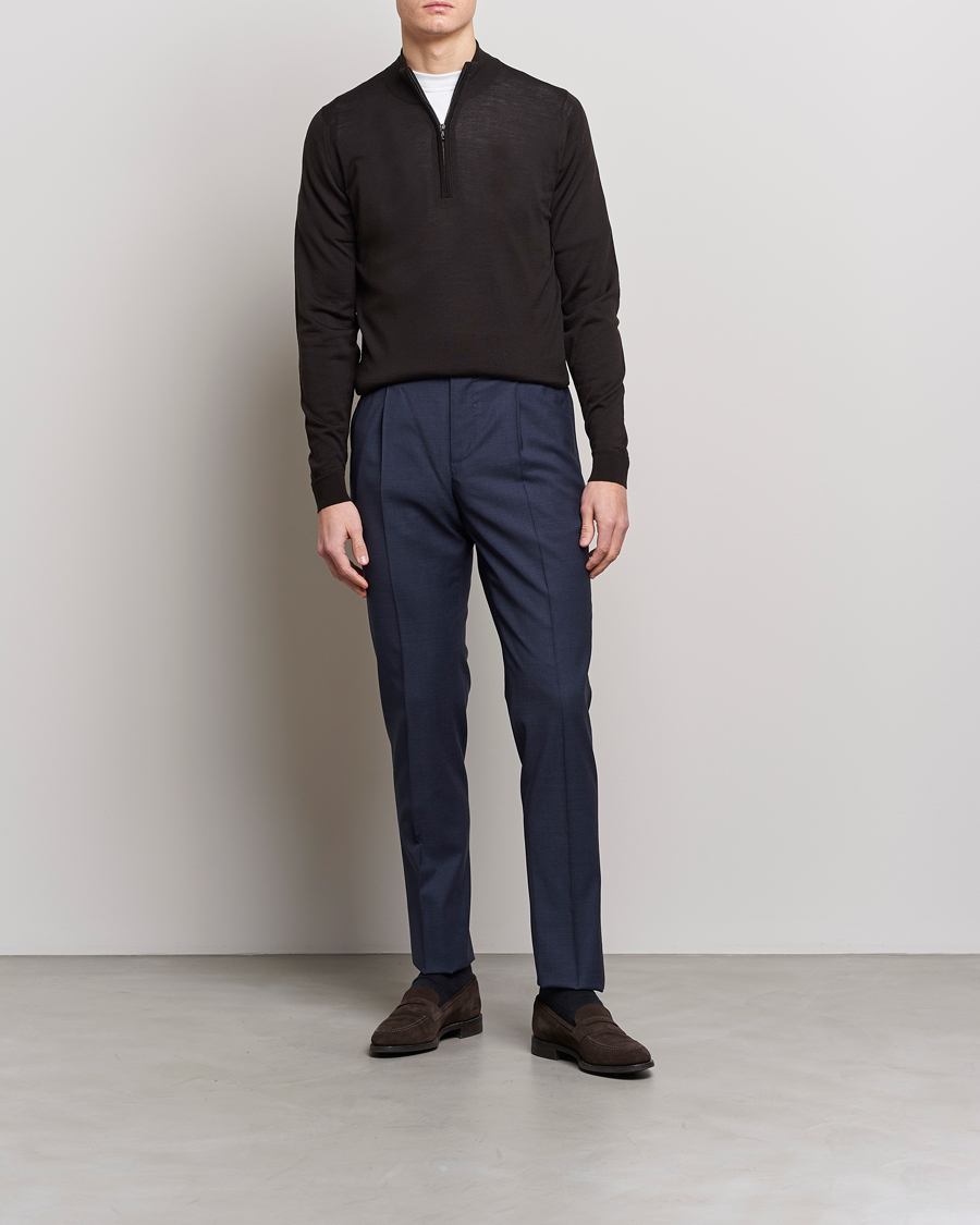 Men | Sweaters & Knitwear | John Smedley | Barrow Extra Fine Merino Half Zip Dark Cocoa