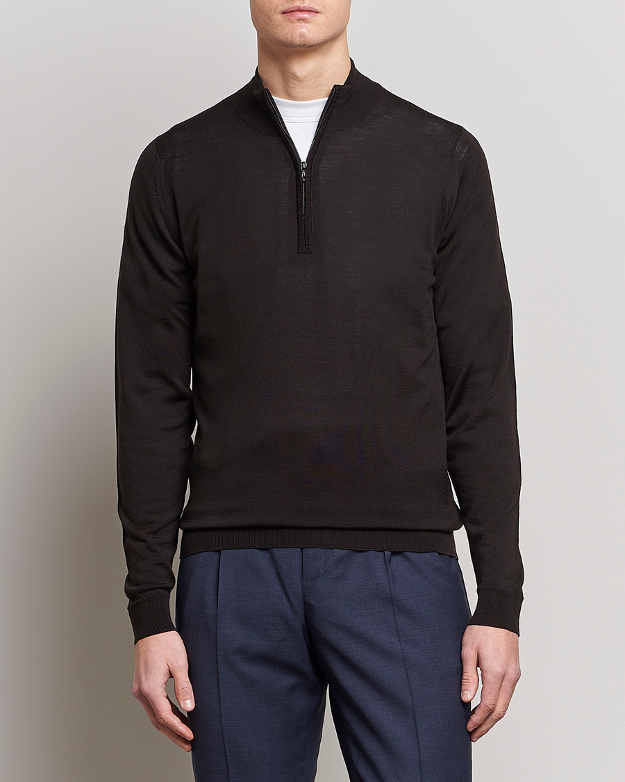 Men | Sweaters & Knitwear | John Smedley | Barrow Extra Fine Merino Half Zip Dark Cocoa