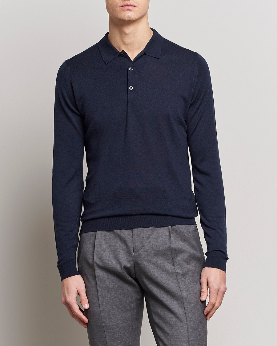 Men | Knitted Polo Shirts | John Smedley | Belper Extra Fine Merino Polo Pullover Midnight