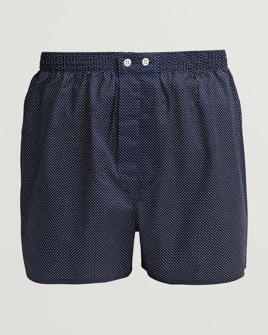 Men | Underwear & Socks | Derek Rose | Classic Fit Cotton Boxer Shorts Navy Polka Dot