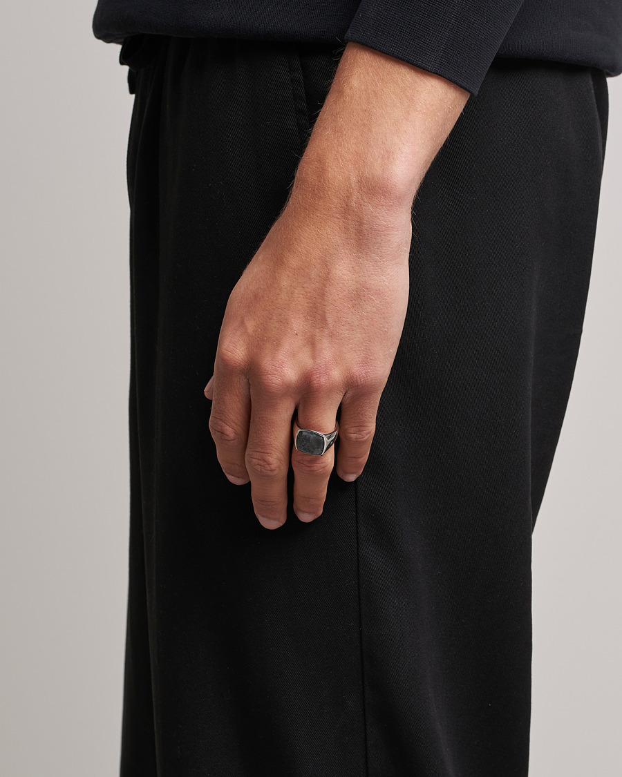 Men | Jewellery | Tom Wood | Cushion Larvikite Ring Silver