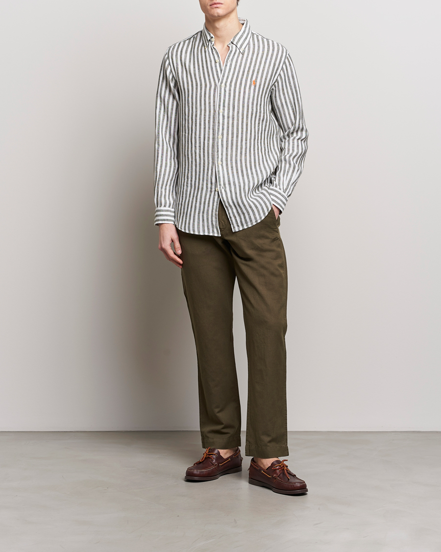 Men | Shirts | Polo Ralph Lauren | Custom Fit Striped Linen Shirt Olive/White