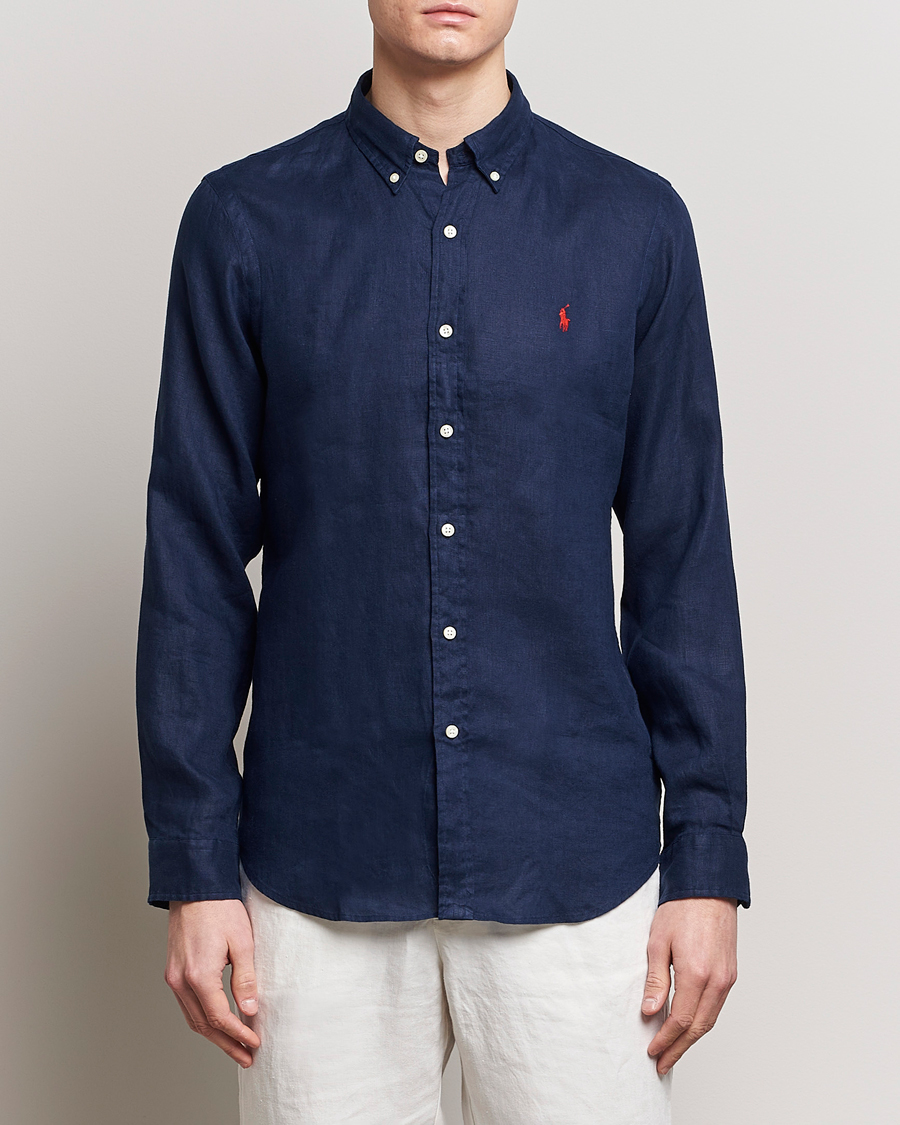 Men | Linen Shirts | Polo Ralph Lauren | Slim Fit Linen Button Down Shirt Newport Navy