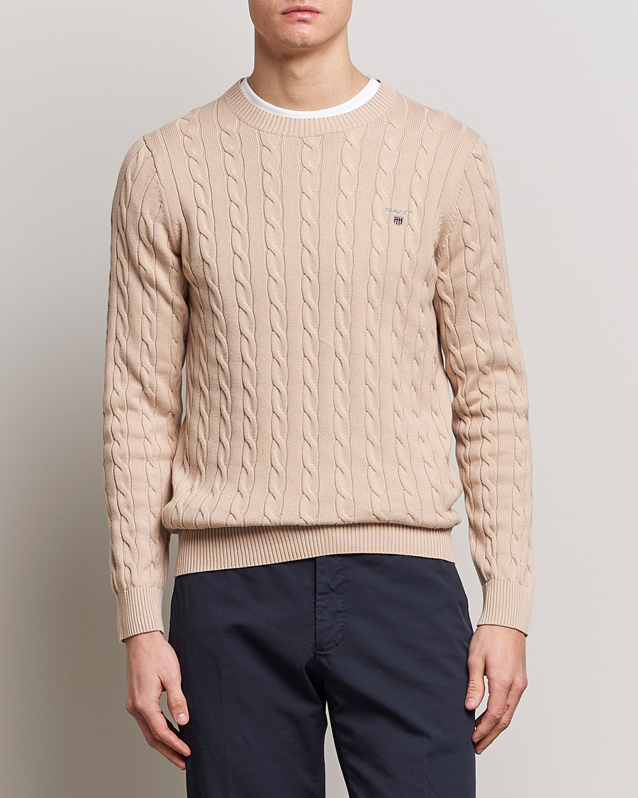 Men | Knitted Jumpers | GANT | Cotton Cable Crew Neck Dry Sand