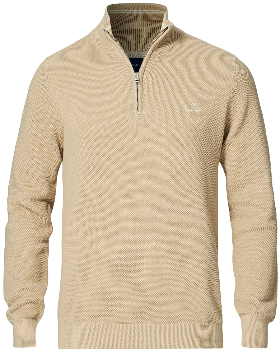Men | Sweaters & Knitwear | GANT | Cotton Pique Half-Zip Sweater Dry Sand