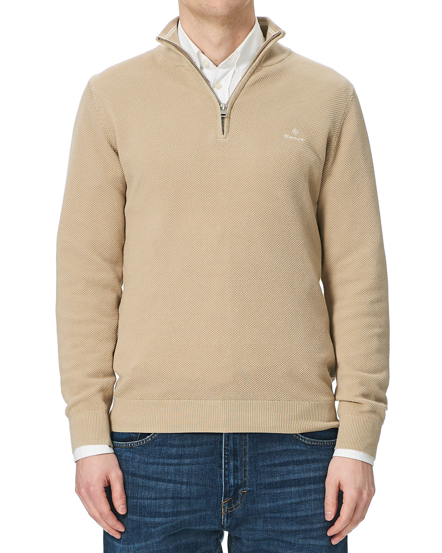 Men | Sweaters & Knitwear | GANT | Cotton Pique Half-Zip Sweater Dry Sand