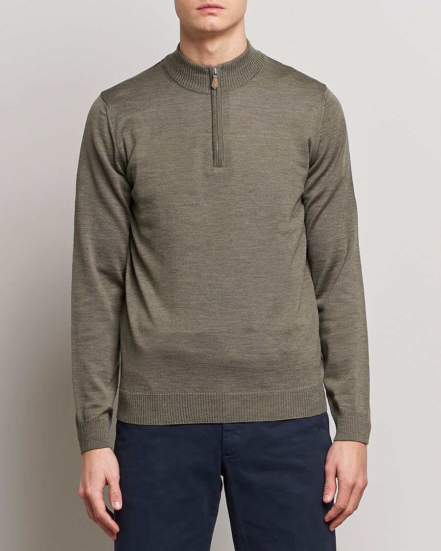 Men | Sweaters & Knitwear | Stenströms | Merino Wool Half Zip Olive