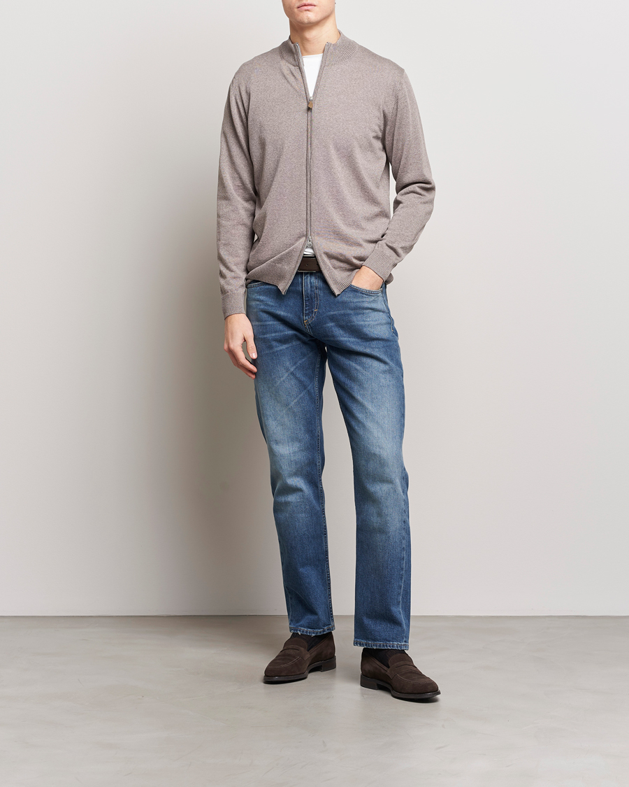 Men | Sweaters & Knitwear | Stenströms | Merino Wool Full Zip Mud Brown