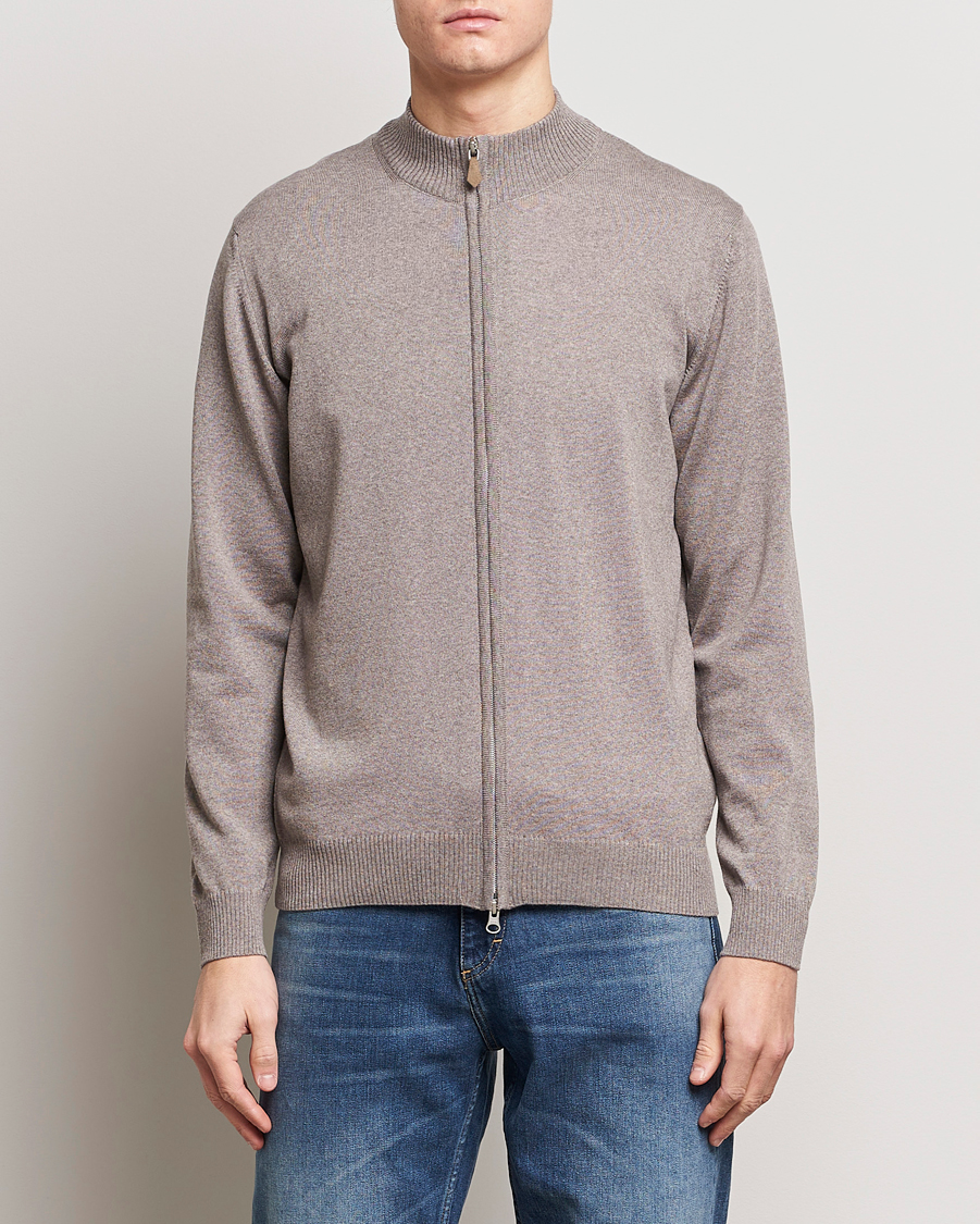 Men | Sweaters & Knitwear | Stenströms | Merino Wool Full Zip Mud Brown