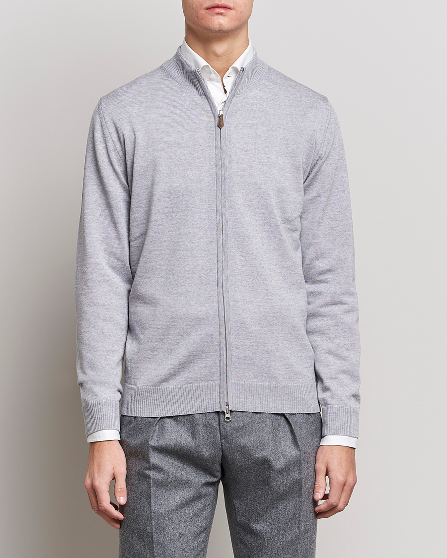 Men | Sweaters & Knitwear | Stenströms | Merino Wool Full Zip Light Grey