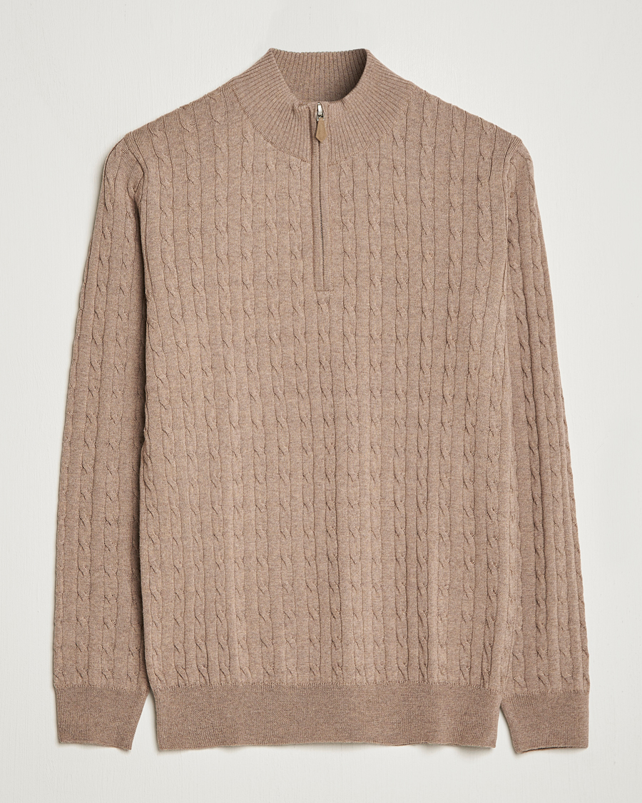 Men | Sweaters & Knitwear | Stenströms | Merino Wool Cable Half Zip Camel