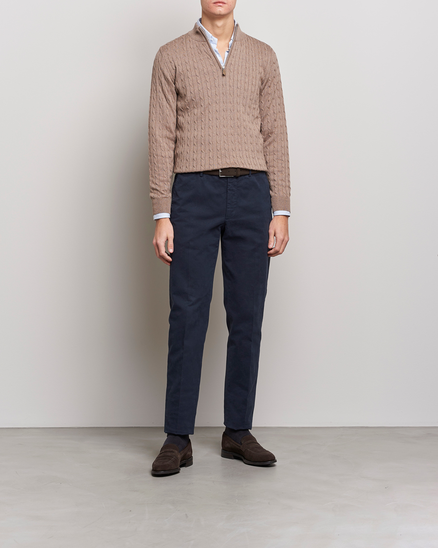 Men | Sweaters & Knitwear | Stenströms | Merino Wool Cable Half Zip Camel