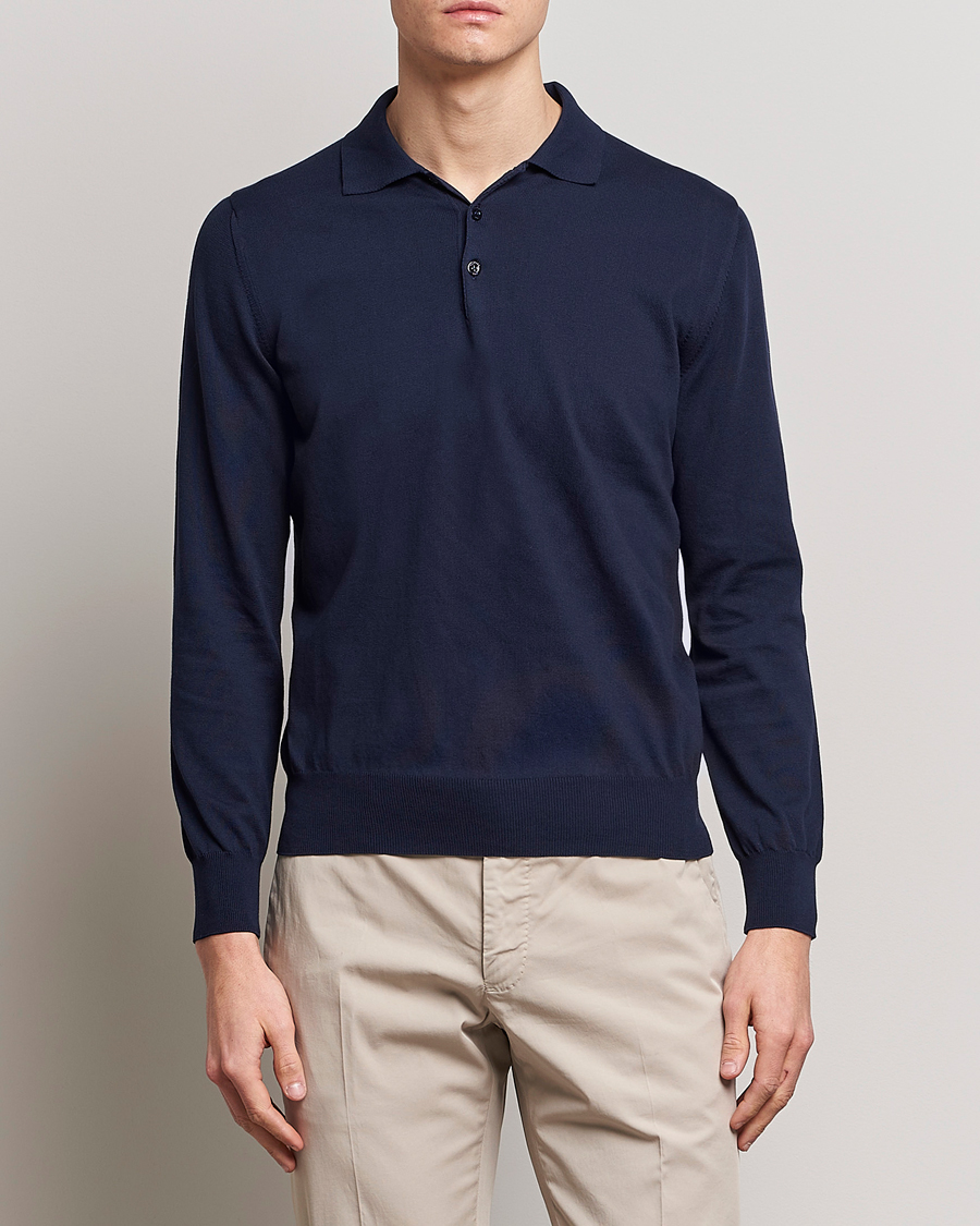 Men | Knitted Polo Shirts | Canali | Cotton Long Sleeve Polo Navy