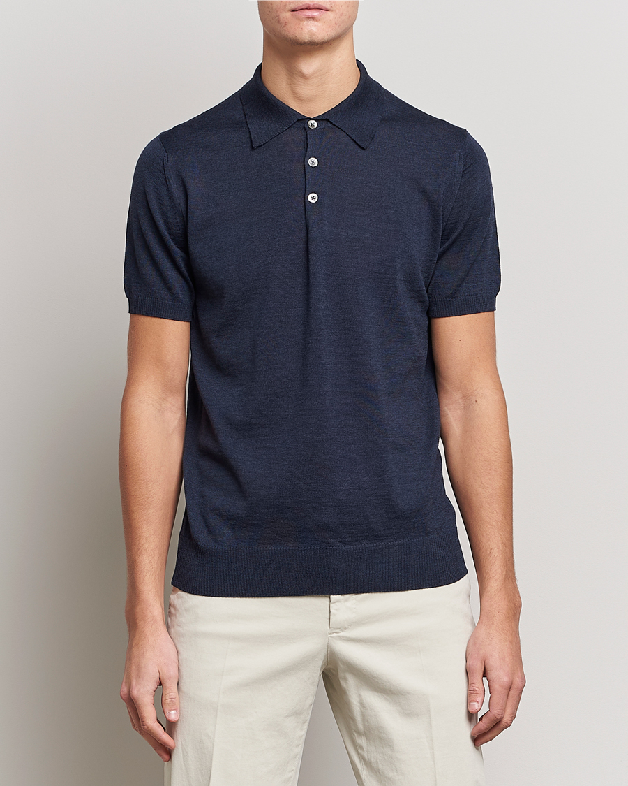Men |  | Morris Heritage | Short Sleeve Knitted Polo Shirt Navy