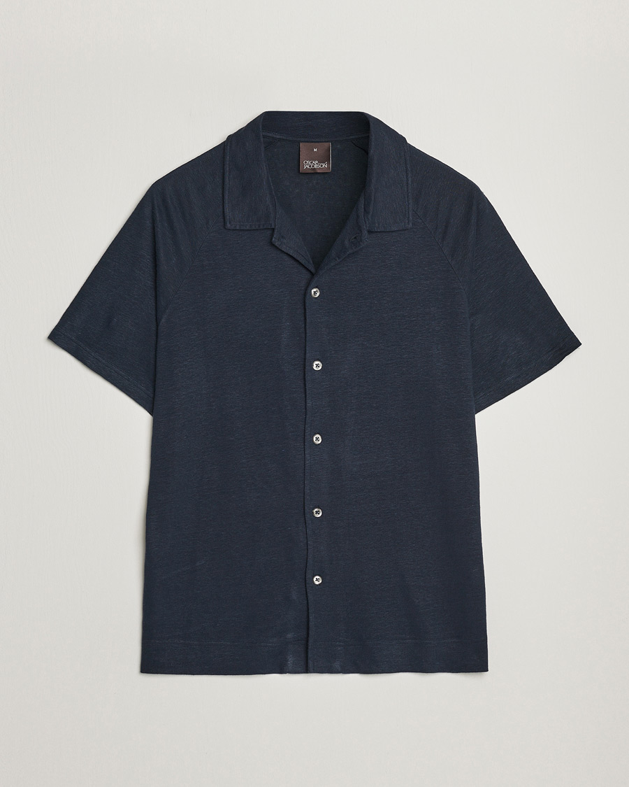 Men | Polo Shirts | Oscar Jacobson | Albin Short Sleeve Linen Polo Navy
