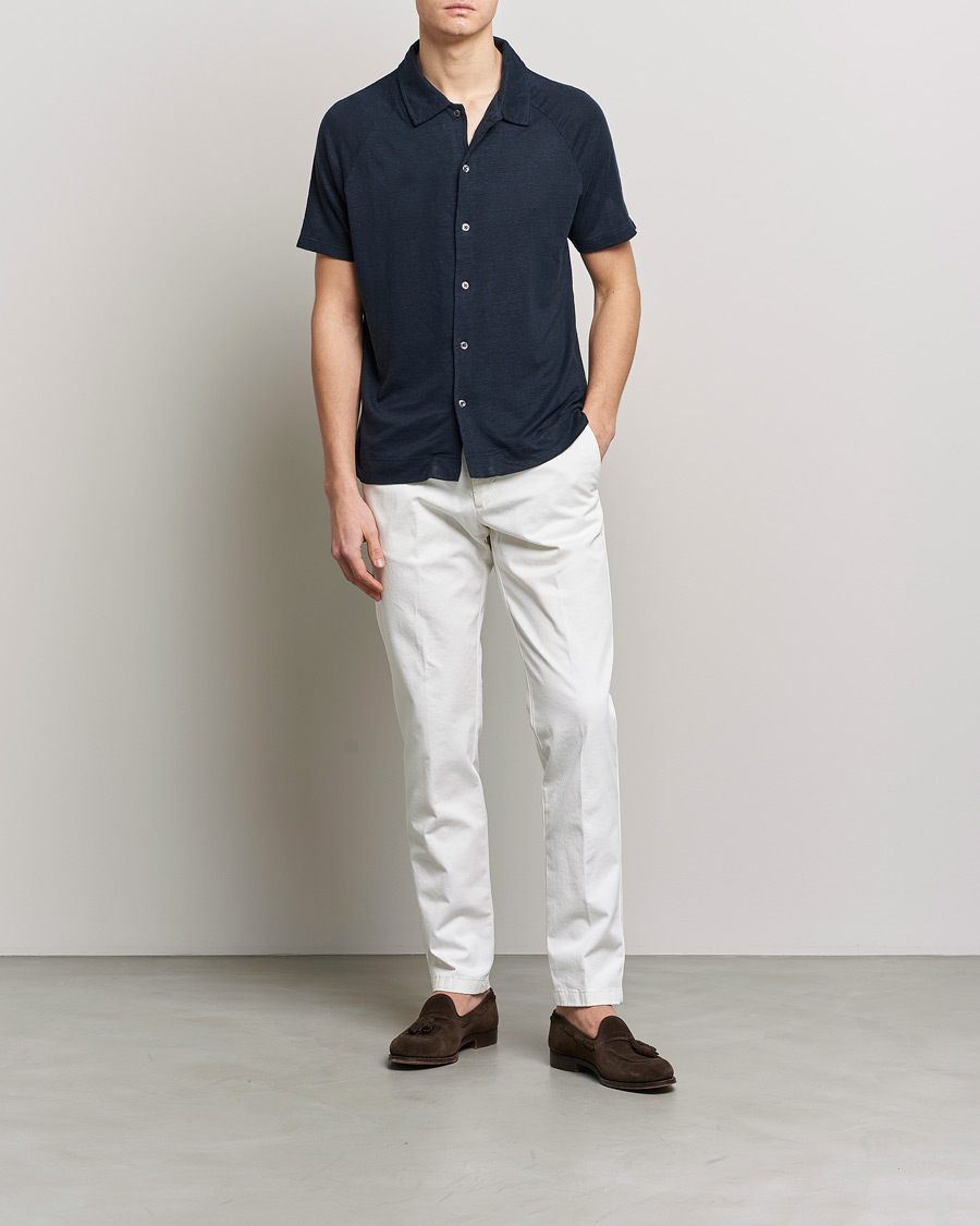 Men | Polo Shirts | Oscar Jacobson | Albin Short Sleeve Linen Polo Navy