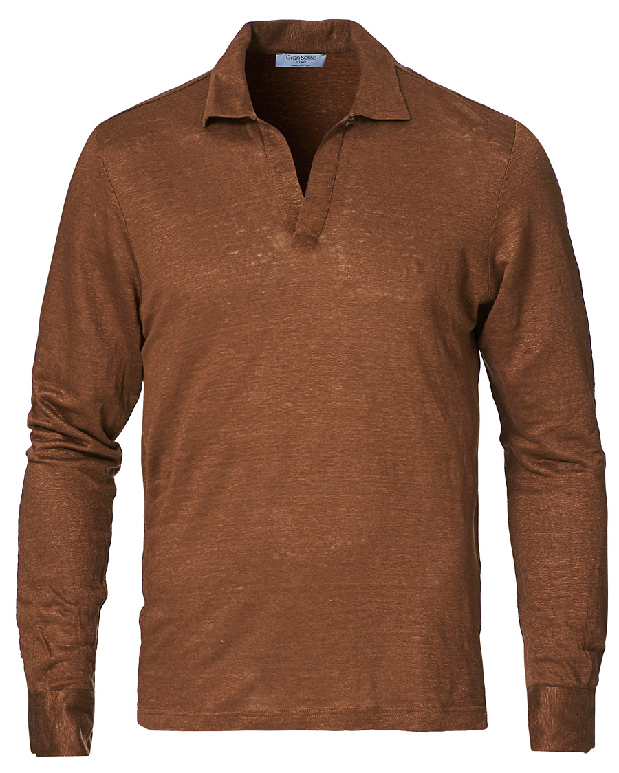 Men | Sweaters & Knitwear | Gran Sasso | Washed Linen Long Sleeve Polo Gold Brown