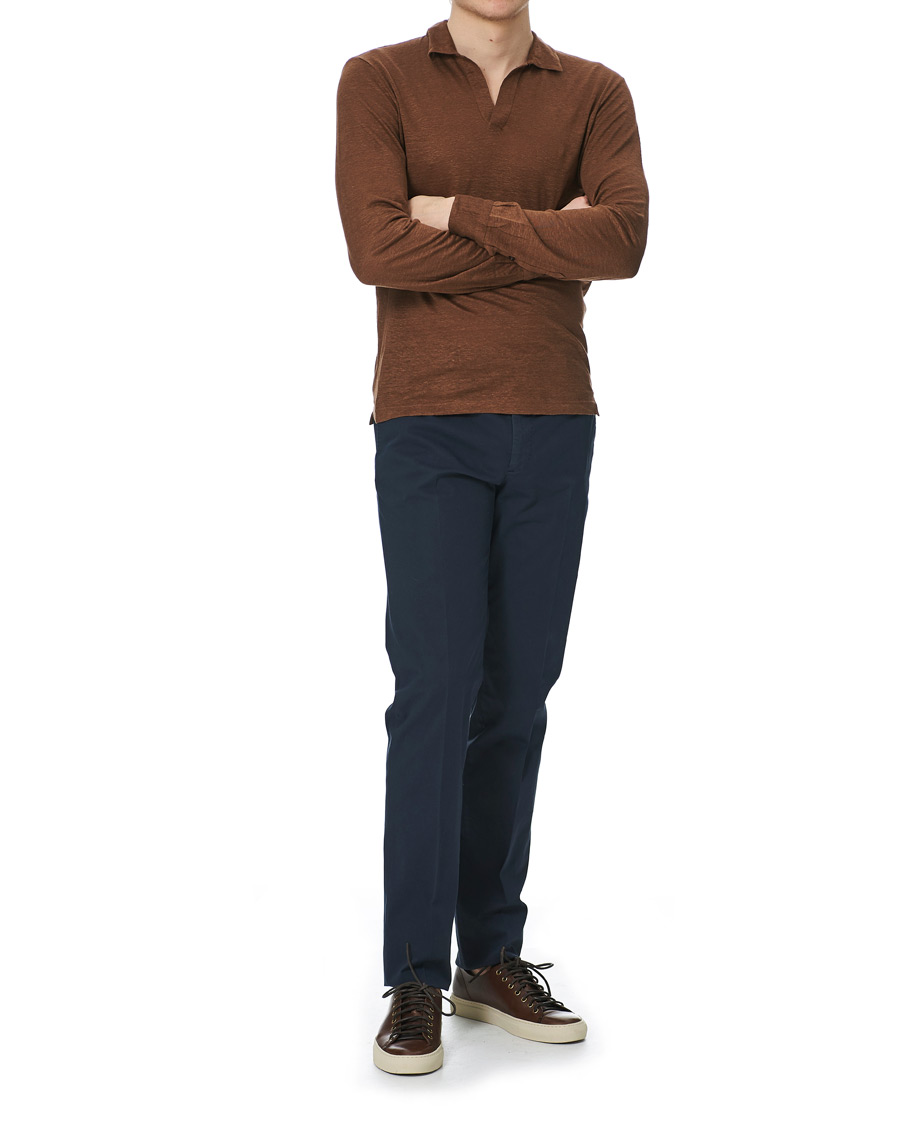 Men | Sweaters & Knitwear | Gran Sasso | Washed Linen Long Sleeve Polo Gold Brown