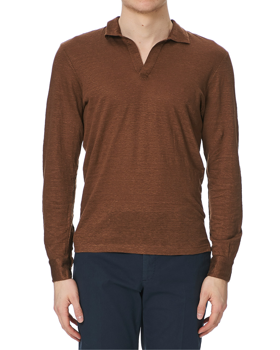 Men | Sweaters & Knitwear | Gran Sasso | Washed Linen Long Sleeve Polo Gold Brown
